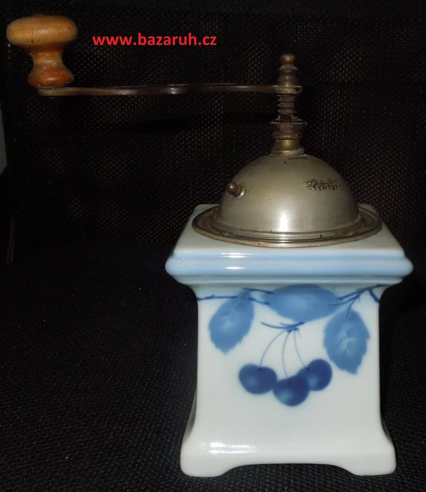 STAROŽITNÝ MLÝNEK KAFEMLÝNEK KÁVOMLÝNEK PORCELÁNOVÝ LEINBROCK MODRÉ TŘEŠNĚ