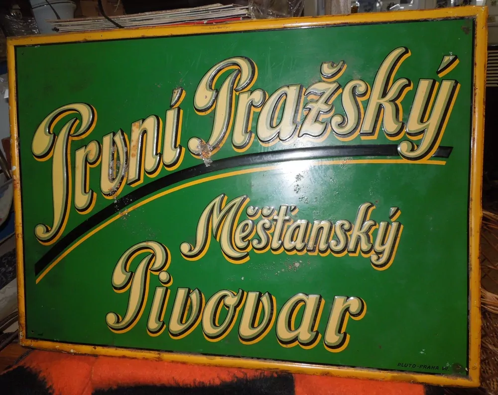 Plechová cedule První pražský měšťanský pivovar Holešovice 