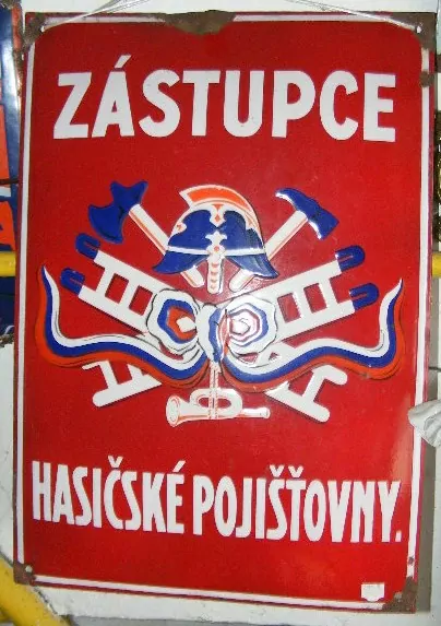 PLECHOVÁ SMALTOVÁ CEDULE ZÁSTUPCE HASIČSKÉ POJIŠŤOVNY