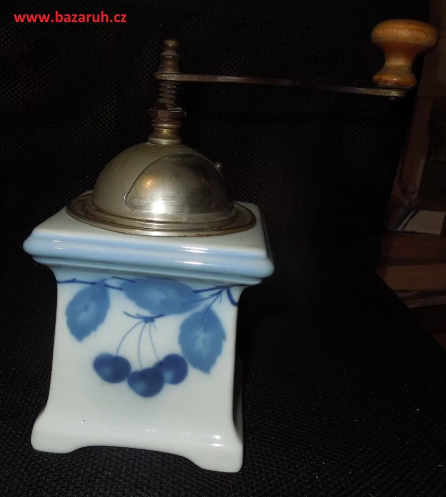 STAROŽITNÝ MLÝNEK KAFEMLÝNEK KÁVOMLÝNEK PORCELÁNOVÝ LEINBROCK MODRÉ TŘEŠNĚ