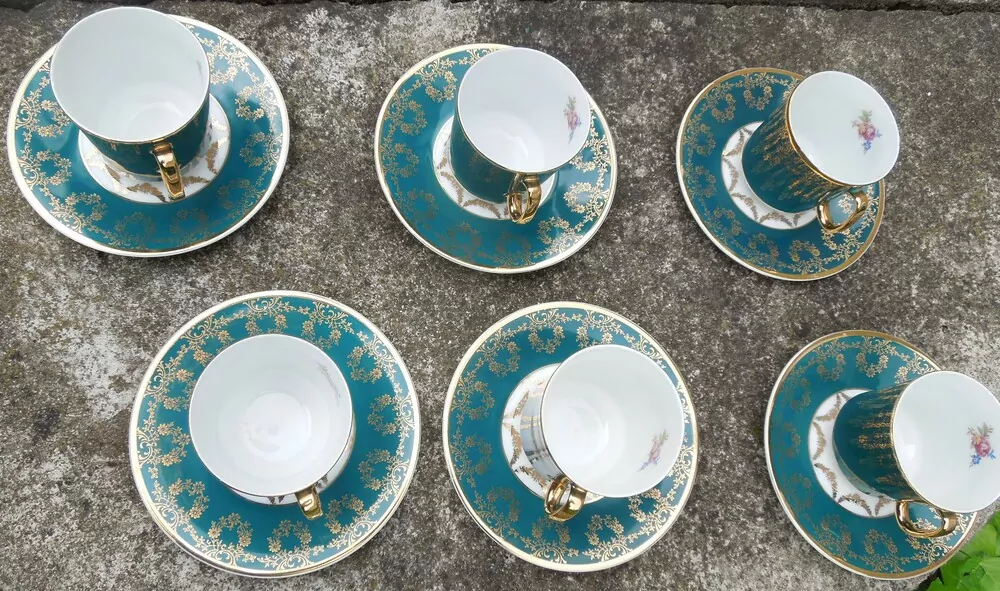 KÁVOVÁ SOUPRAVA ZELENÁ SE ZLATÝM, PORCELÁN