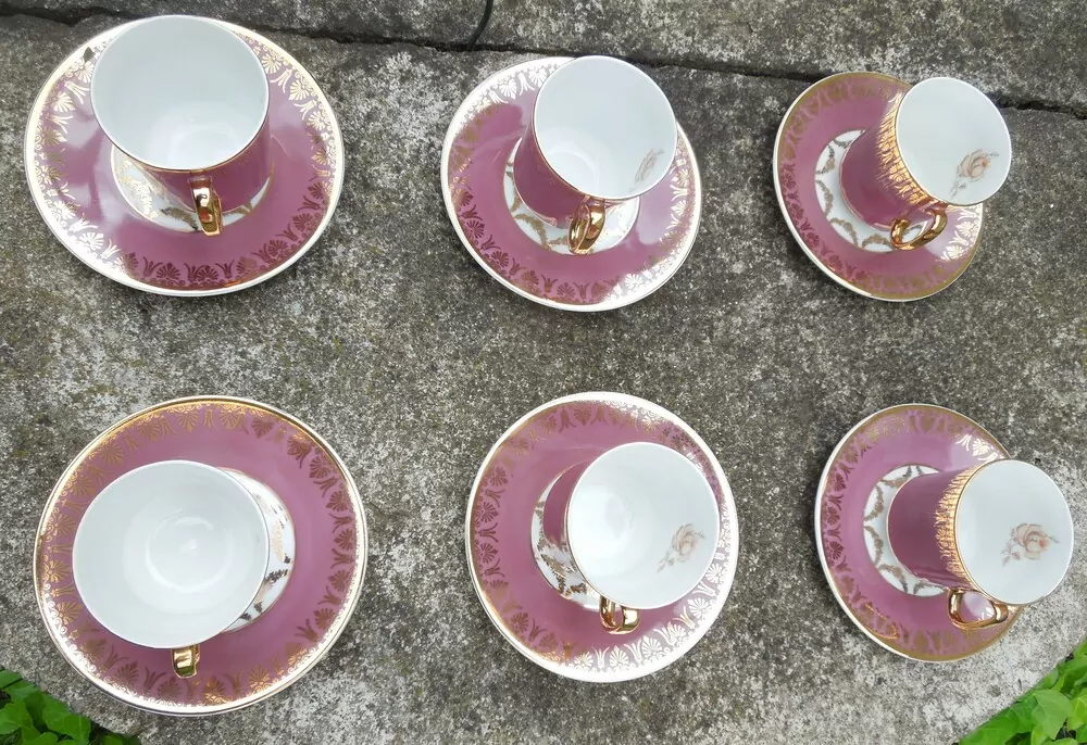 KÁVOVÁ SOUPRAVA RŮŽOVÁ SE ZLATÝM, PORCELÁN