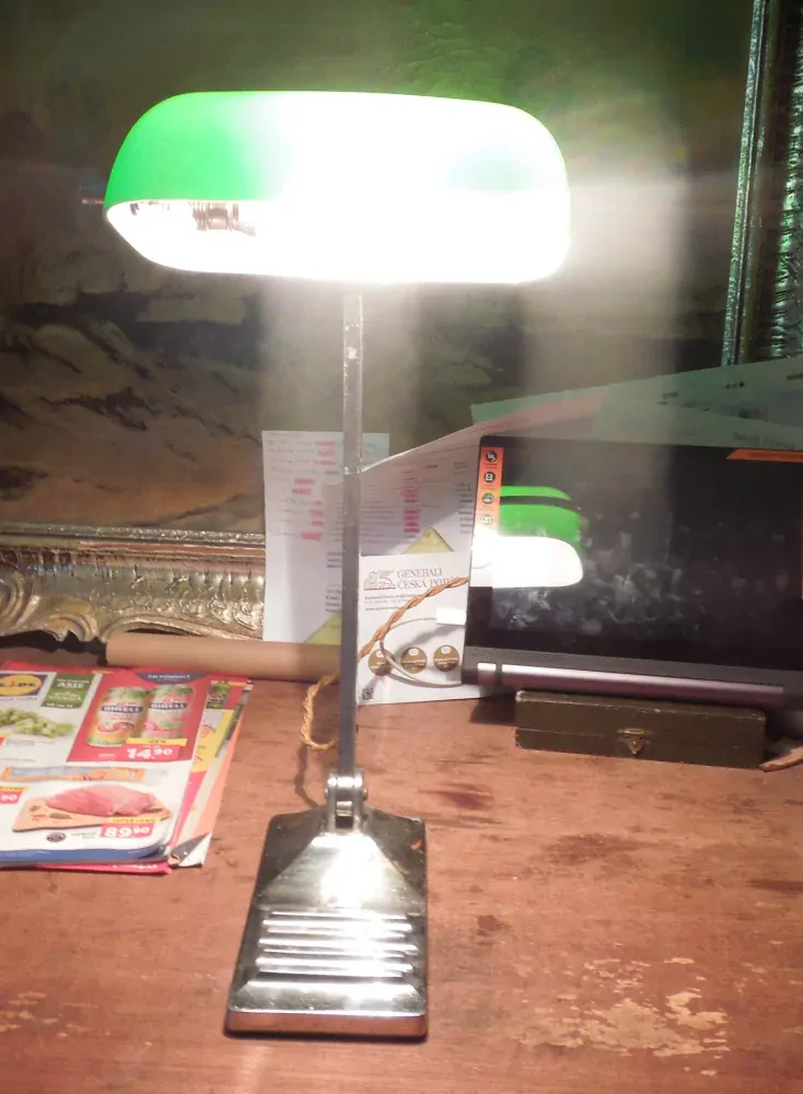 STAROŽITNÁ STOLNÍ LAMPA chrom BANKOVNÍ ELEKTRICKÁ BANKÉŘKA