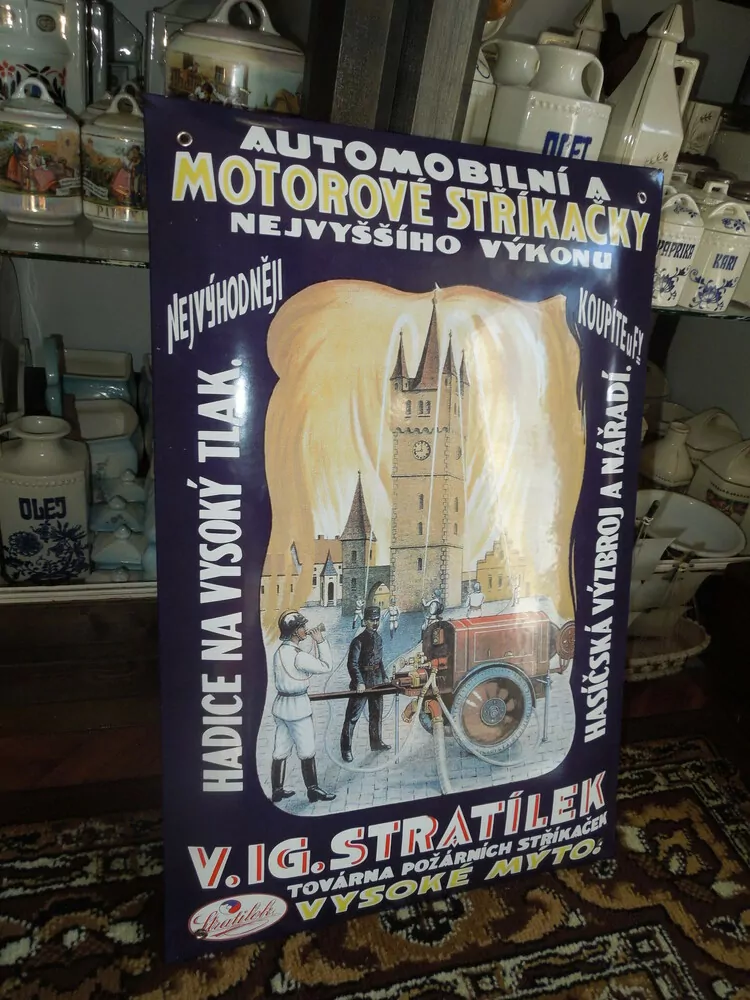 Plechová smaltová cedule na hasičské stíkačky