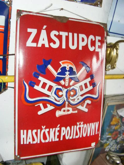 PLECHOVÁ SMALTOVÁ CEDULE ZÁSTUPCE HASIČSKÉ POJIŠŤOVNY