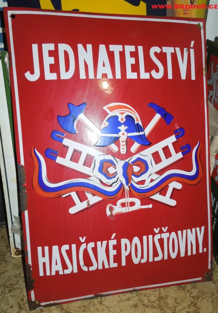 PLECHOVÁ SMALTOVÁ CEDULE JEDNATELSTVÍ HASIČSKÉ POJIŠŤOVNY