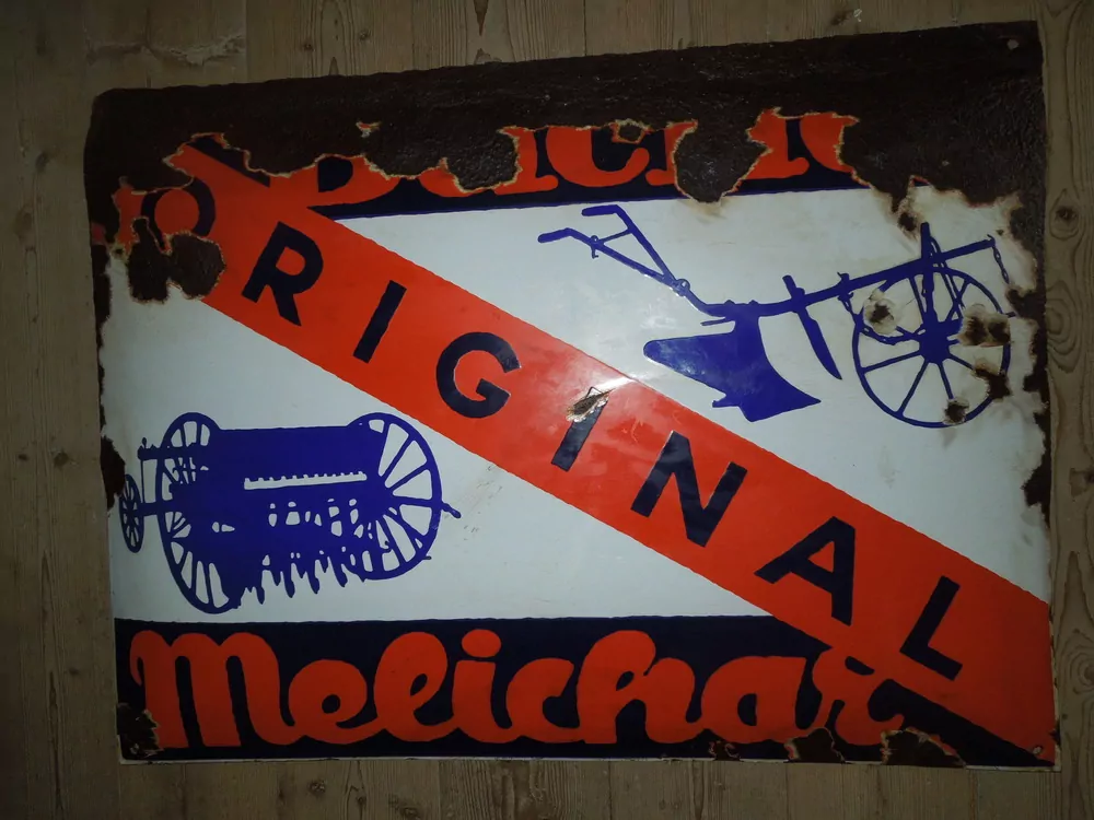 Plechová smaltovaná cedule - Bächer Roudnice - Melichar Brandýs - secí stroje