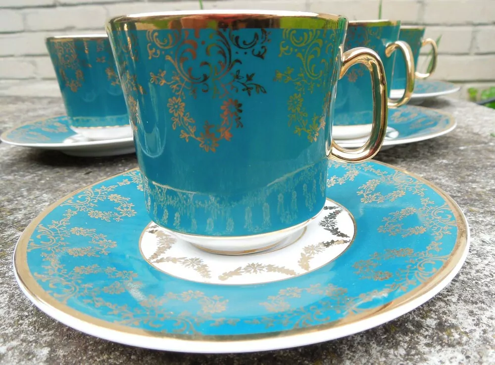 KÁVOVÁ SOUPRAVA ZELENÁ SE ZLATÝM, PORCELÁN