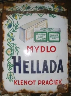 PLECHOVÁ smaltovaná cedule Hellada mýdlo 