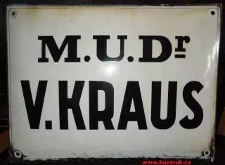 PLECHOVÁ SMALTOVÁ CEDULE MUDr. KRAUS