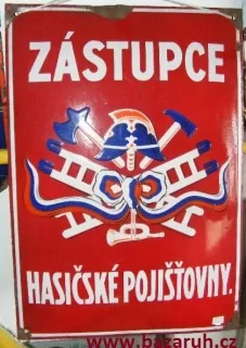 PLECHOVÁ SMALTOVÁ CEDULE ZÁSTUPCE HASIČSKÉ POJIŠŤOVNY