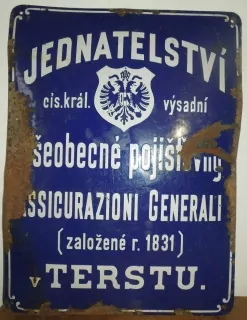 PLECHOVÁ SMALTOVÁ CEDULE JEDNATELSTVÍ VŠEOBECNÉ POJIŠŤOVNY