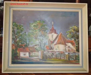 OBRAZ OLEJ NA KARTONĚ KOSTEL